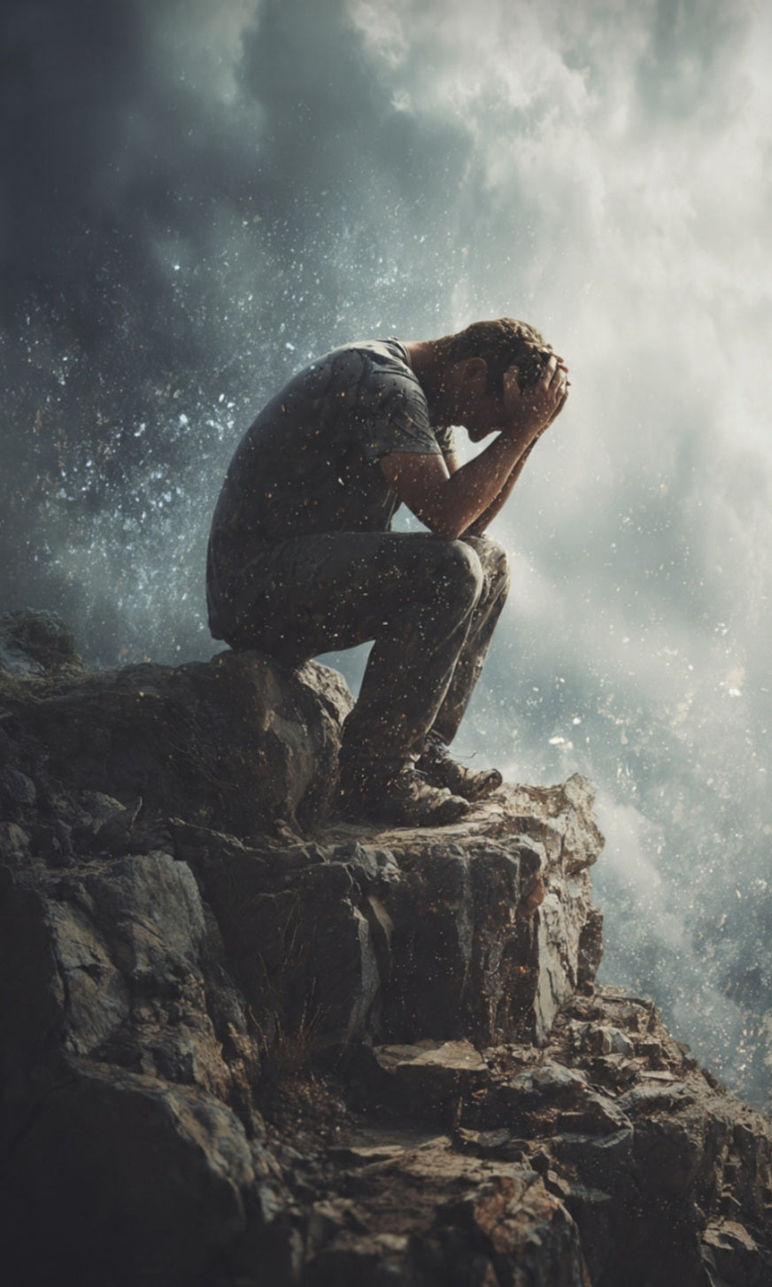 "Image description: A person breaking free from chains, symbolizing recovery and freedom. Surrounded by a supportive community, a Bible, and nature elements, representing spiritual growth and faith-based recovery. "